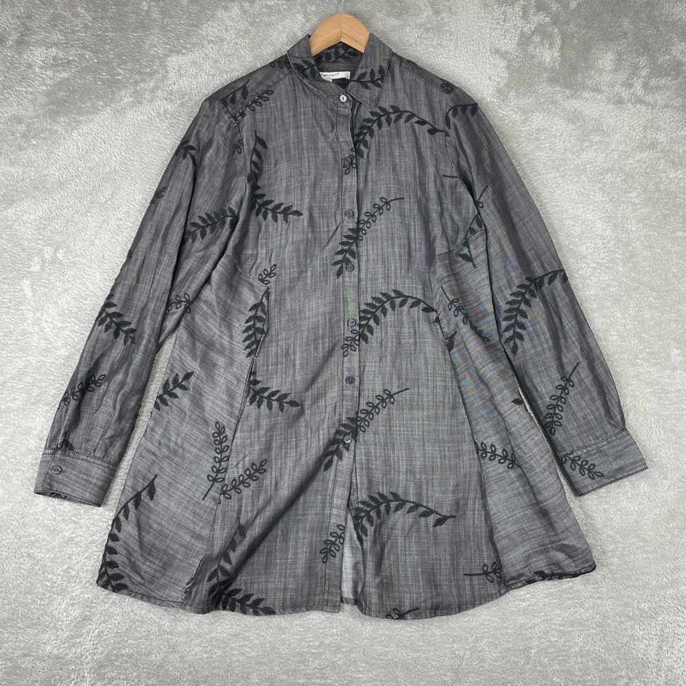 Foxcroft NYC Shirt Womens 8 Gray Leaf Embroidered A-Line Tunic Pocket Chambray